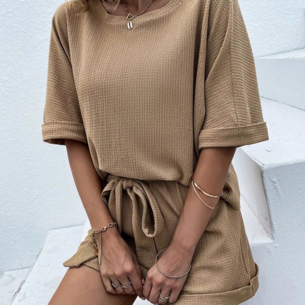 Khaki Casual comfy Batwing Sleeve Tee & Knot Front Shorts - Picture 2 of 8